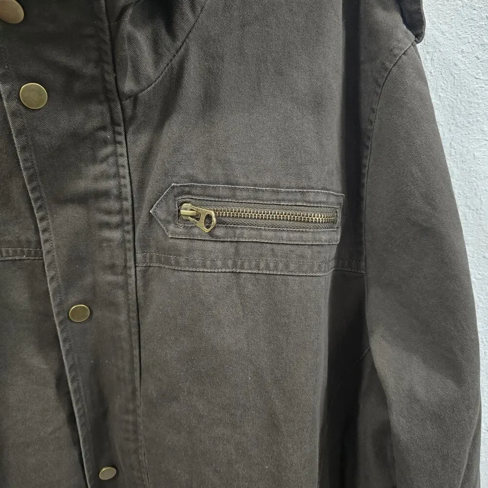 Whattry Men’s Utility Jacket XL Brown Hooded Military Field Coat Cargo Casual